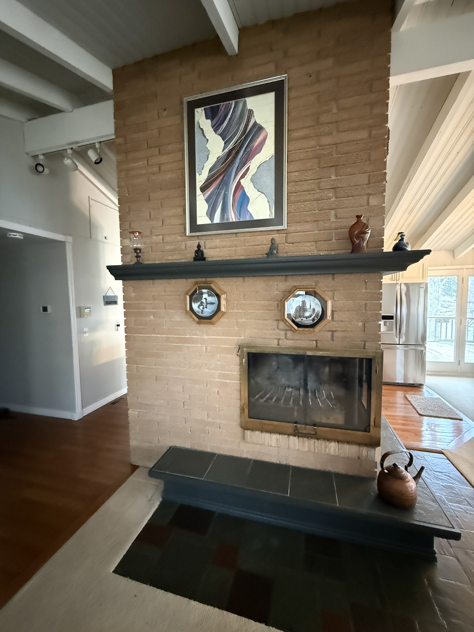 Wood-burning stone fireplace